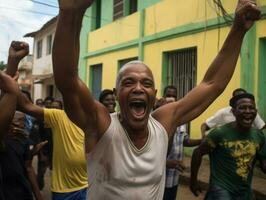 brasileño hombre celebra su fútbol equipos victoria ai generativo foto