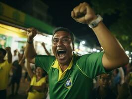 brasileño hombre celebra su fútbol equipos victoria ai generativo foto