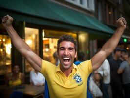 brasileño hombre celebra su fútbol equipos victoria ai generativo foto