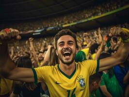 Brazilian man celebrates his soccer teams victory AI Generative photo