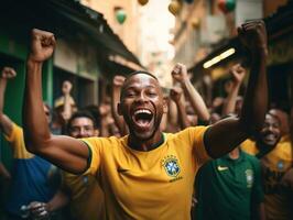 brasileño hombre celebra su fútbol equipos victoria ai generativo foto