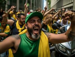 Brazilian man celebrates his soccer teams victory AI Generative photo