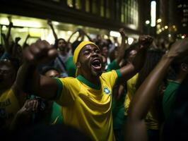 Brazilian man celebrates his soccer teams victory AI Generative photo