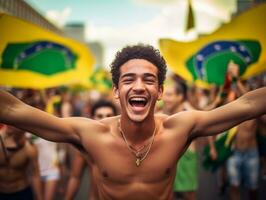 Brazilian man celebrates his soccer teams victory AI Generative photo