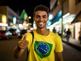 brasileño hombre celebra su fútbol equipos victoria ai generativo foto