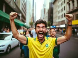 Brazilian man celebrates his soccer teams victory AI Generative photo