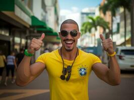 brasileño hombre celebra su fútbol equipos victoria ai generativo foto