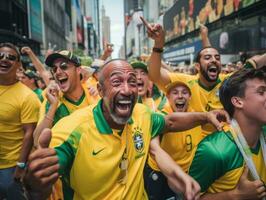 brasileño hombre celebra su fútbol equipos victoria ai generativo foto