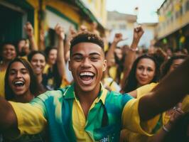 Brazilian man celebrates his soccer teams victory AI Generative photo