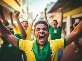 brasileño hombre celebra su fútbol equipos victoria ai generativo foto