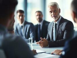 hombre en un negocio reunión líder con confianza ai generativo foto