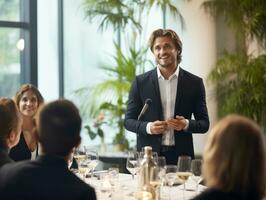 hombre en un negocio reunión líder con confianza ai generativo foto