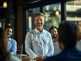 hombre en un negocio reunión líder con confianza ai generativo foto