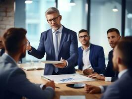 hombre en un negocio reunión líder con confianza ai generativo foto