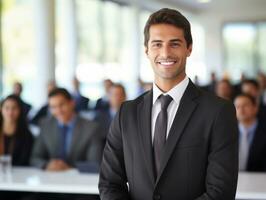Man in a business meeting leading with confidence AI Generative photo