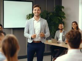 hombre en un negocio reunión líder con confianza ai generativo foto