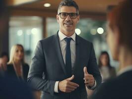 hombre en un negocio reunión líder con confianza ai generativo foto