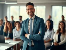 hombre en un negocio reunión líder con confianza ai generativo foto