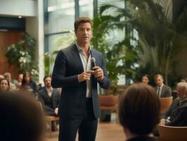 Man in a business meeting leading with confidence AI Generative photo