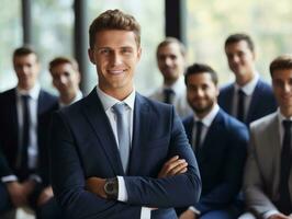 hombre en un negocio reunión líder con confianza ai generativo foto