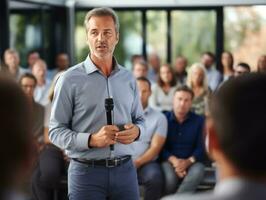 hombre en un negocio reunión líder con confianza ai generativo foto