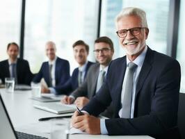 hombre en un negocio reunión líder con confianza ai generativo foto