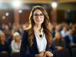 woman in a business meeting leading with confidence AI Generative photo