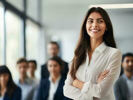 woman in a business meeting leading with confidence AI Generative photo