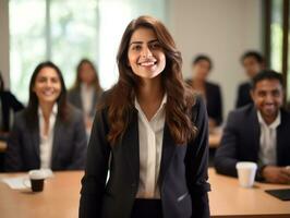 woman in a business meeting leading with confidence AI Generative photo