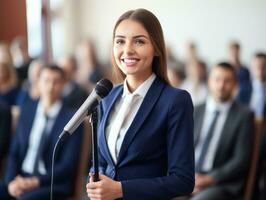 woman in a business meeting leading with confidence AI Generative photo