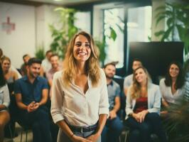 woman in a business meeting leading with confidence AI Generative photo