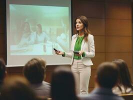 woman in a business meeting leading with confidence AI Generative photo