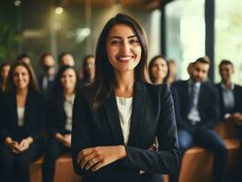 woman in a business meeting leading with confidence AI Generative photo