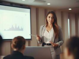 woman in a business meeting leading with confidence AI Generative photo