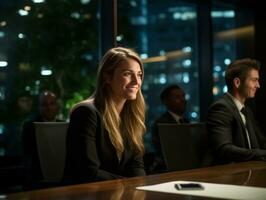 woman in a business meeting leading with confidence AI Generative photo