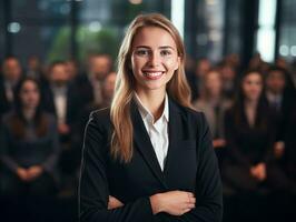 woman in a business meeting leading with confidence AI Generative photo