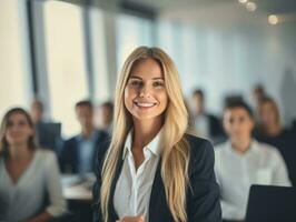 woman in a business meeting leading with confidence AI Generative photo