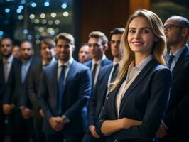 woman in a business meeting leading with confidence AI Generative photo