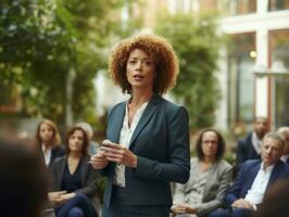 woman in a business meeting leading with confidence AI Generative photo