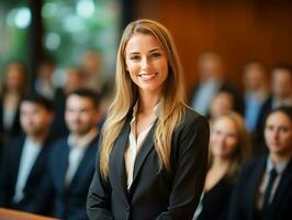 mujer en un negocio reunión líder con confianza ai generativo foto