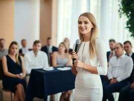 woman in a business meeting leading with confidence AI Generative photo