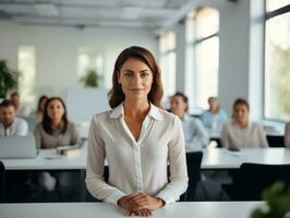 woman in a business meeting leading with confidence AI Generative photo