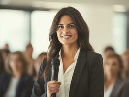 woman in a business meeting leading with confidence AI Generative photo