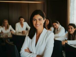 mujer en un negocio reunión líder con confianza ai generativo foto