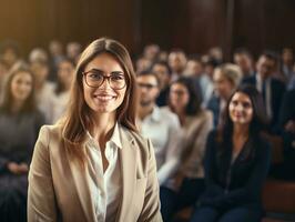 woman in a business meeting leading with confidence AI Generative photo