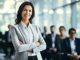 woman in a business meeting leading with confidence AI Generative photo