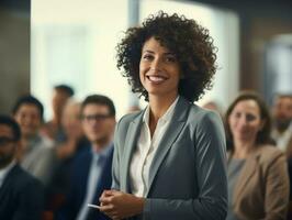 woman in a business meeting leading with confidence AI Generative photo