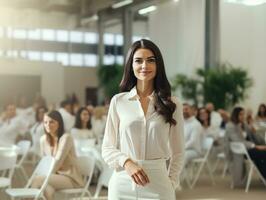 woman in a business meeting leading with confidence AI Generative photo