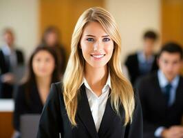 woman in a business meeting leading with confidence AI Generative photo