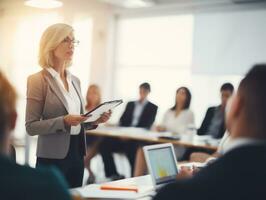 woman in a business meeting leading with confidence AI Generative photo